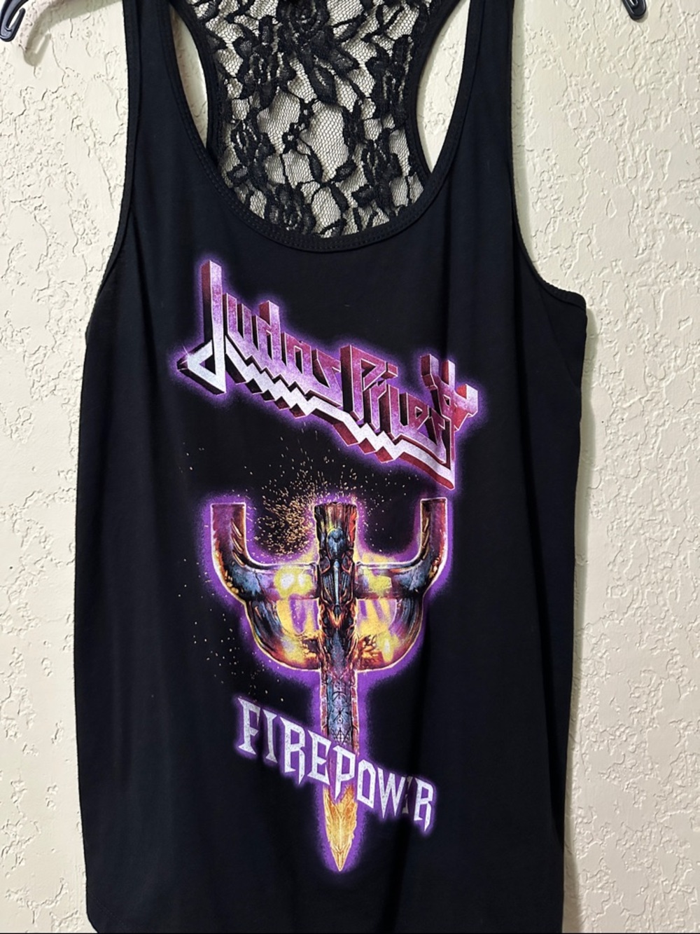 Judas Priest Firepower Graphic Lace-Back Tank Top - Black & Purple with Lace L